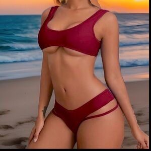 Sexy Maroon Bikini Scoop Kneck Chest Pads Wireless W/ Lining 2Pc Limited Edition